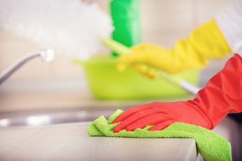 Cleaner inspecting a carpet surface before treatment begins