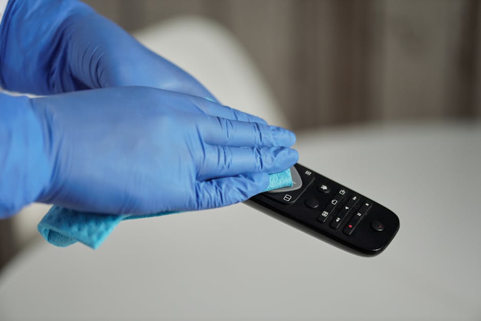 A hand wearing a pink rubber glove holding a pink dustpan against a light pink background, illustrating cleaning tools used in domestic or commercial surface cleaning and maintenance. The dustpan's su
